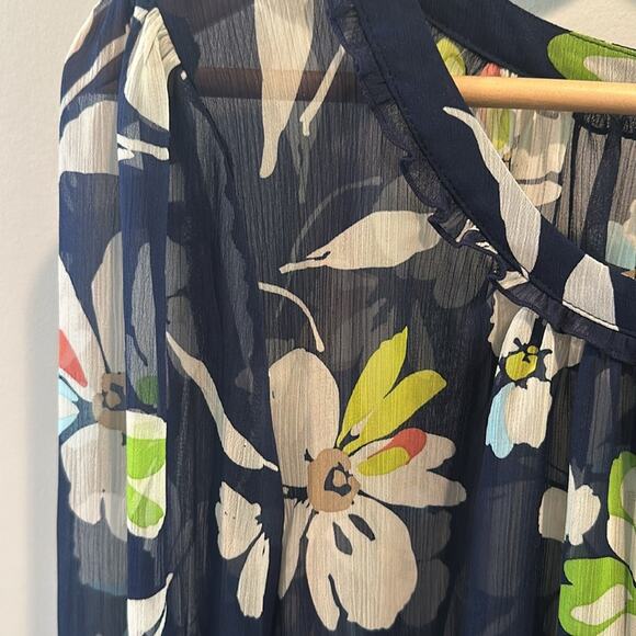 Old Navy Large Navy Blue Floral Semi-Sheer Cinched Blouse Top - Picture 3 of 8